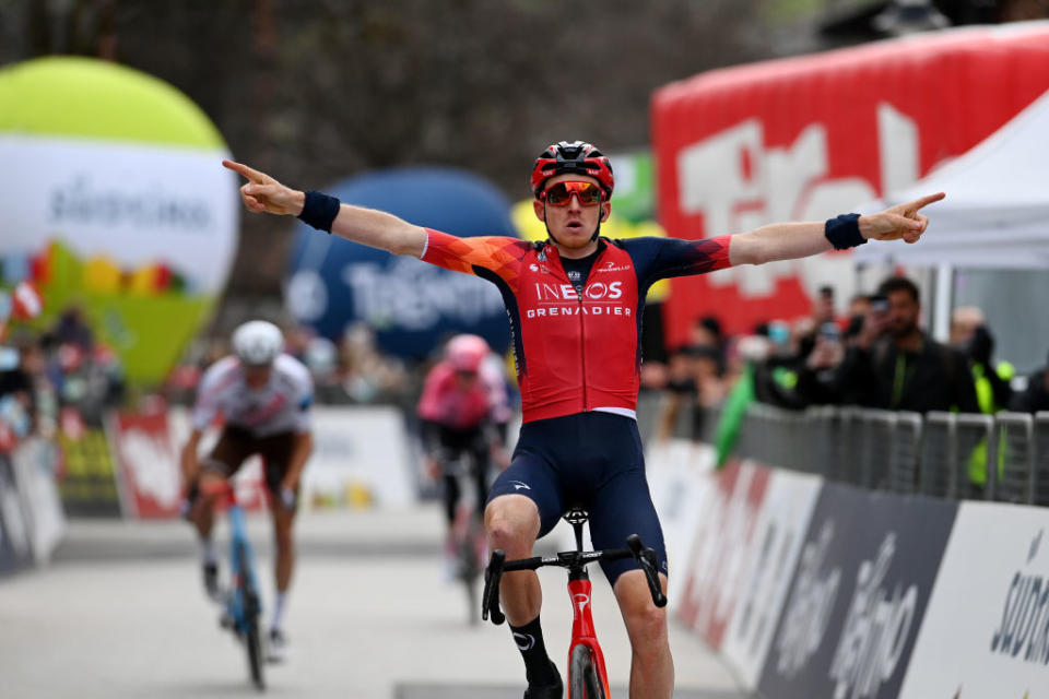 ALPBACH AUSTRIA  APRIL 17 Tao Geoghegan Hart of United Kingdom and Team INEOS Grenadiers celebrates at finish line as stage winner during the 46th Tour of the Alps 2023 Stage 1 a 1275km stage from Rattenberg to Alpbach 984m on April 17 2023 in Alpbach Austria Photo by Tim de WaeleGetty Images