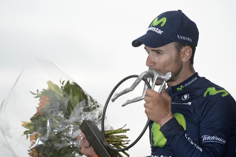 Spain's Alejandro Valverde celebrates on the podium after winning the Liege-Bastogne-Liege one day cycling race, on April 26, 2015