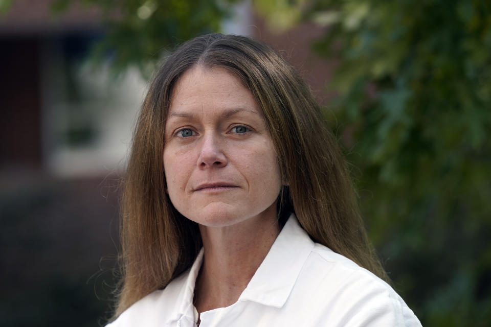 Dr. Hanna Sanoff poses for a portrait at UNC Hospitals in Chapel Hill, N.C., Tuesday, Sept. 15, 2020. Grief is an inescapable part of the job for cancer doctors. “I have not yet figured out how to help guide patients’ struggles with cancer, leading them toward a death with dignity and finding personal reward in our relationship, when I cannot see them (or) hug them” she says. (AP Photo/Gerry Broome)