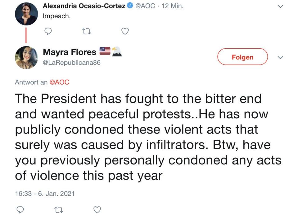 Flores replies to a tweet from AOC, suggesting January 6 was &quot;caused by infiltrators.&quot;