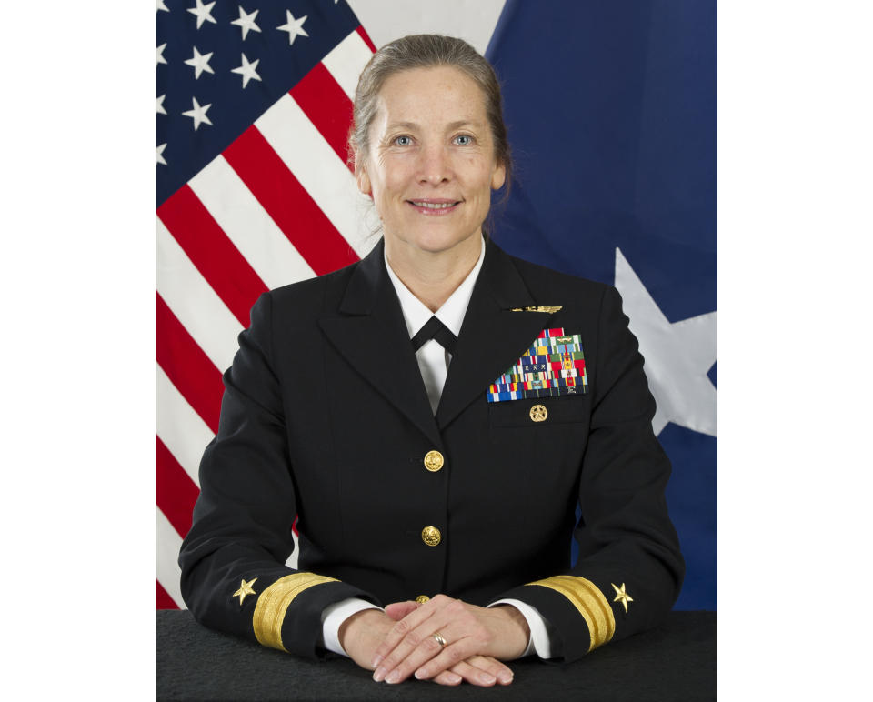 This image released by the U.S. Navy shows Rear Adm. Shoshana Chatfield. The U.S. Navy announced Friday, June 14, 2019, they have named Chatfield as the first female leader of the U.S. Naval War College after removing the college president who is under investigation. Rear Adm. Jeffrey Harley was removed from his post as the college president on Monday, June 10, days after The Associated Press reported he was under investigation and more than a year after the initial complaint was filed. (U.S Navy via AP)