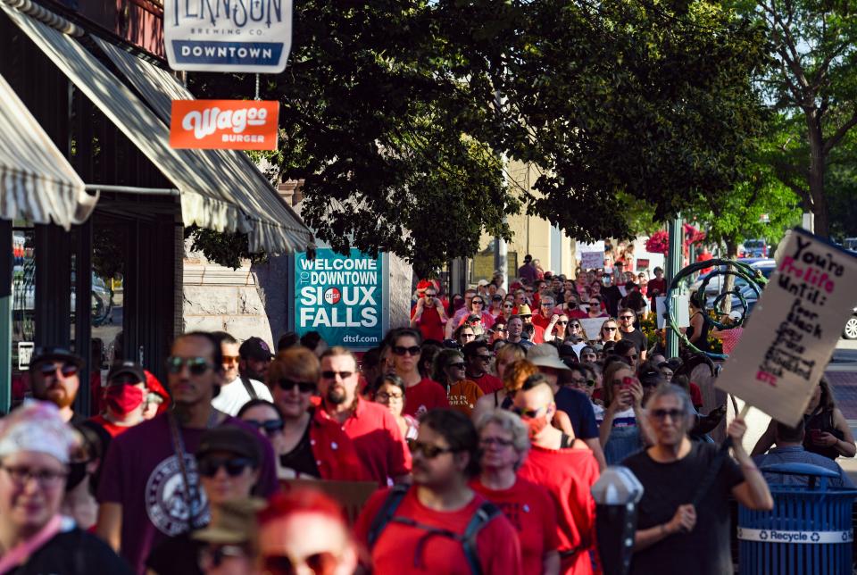 Hundreds march downtown to protest the overturning of Roe v. Wade on Wednesday, June 29, 2022, in Sioux Falls.