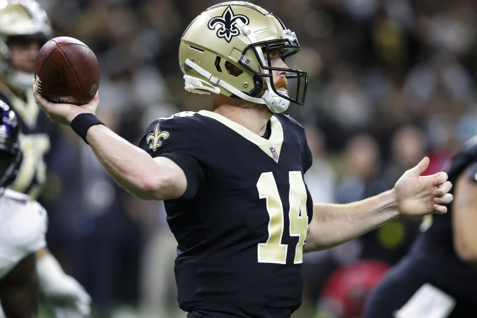 New Orleans Saints quarterback Andy Dalton throws the ball in the first half of an NFL football game against the Baltimore Ravens in New Orleans, Monday, Nov. 7, 2022. (AP Photo/Butch Dill)