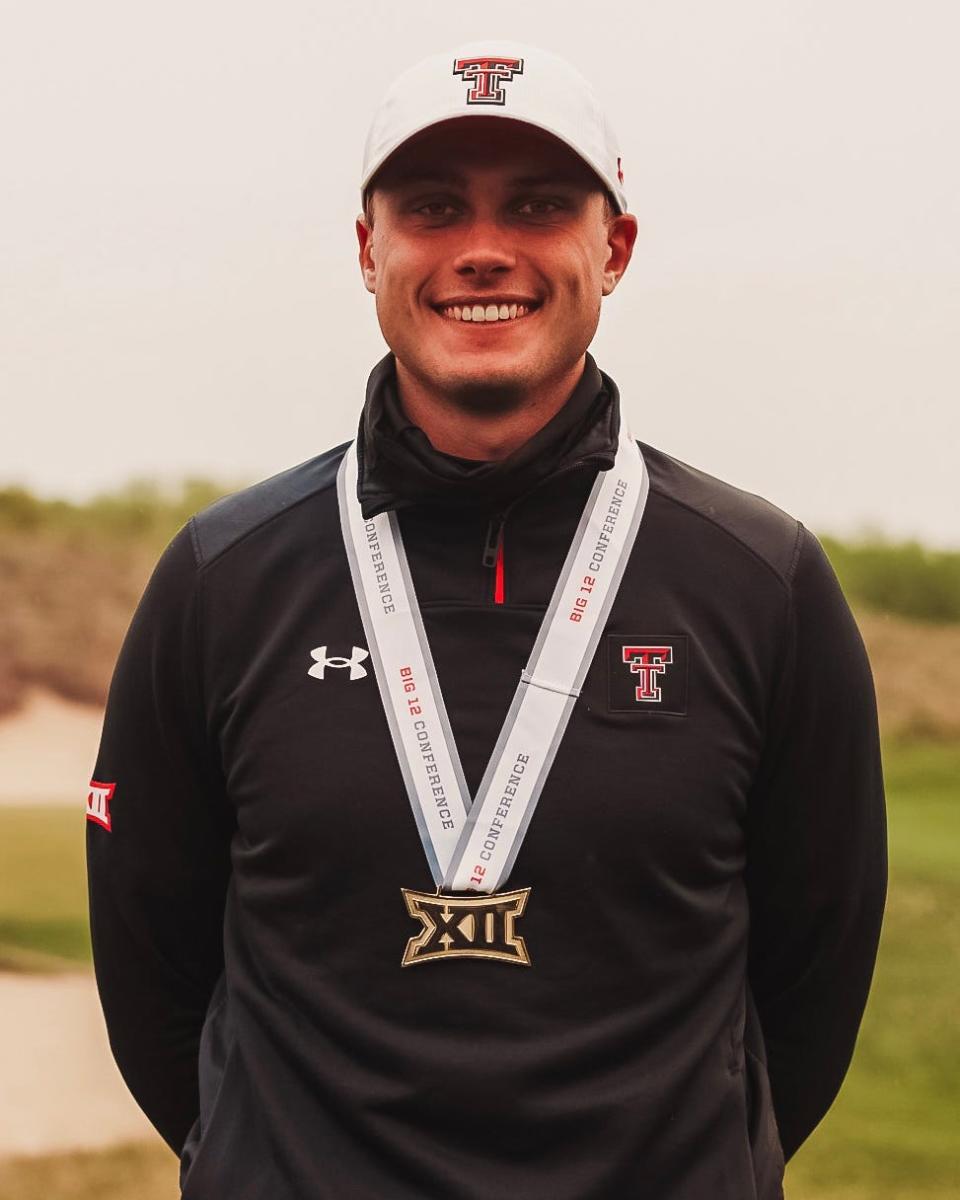 Texas Tech senior Ludvig Aberg, pictured after his Big 12 tournament victory in Hutchinson, Kansas, is one of three finalists for the Ben Hogan Award, which goes to the top player in college golf. Aberg won the award last year.
