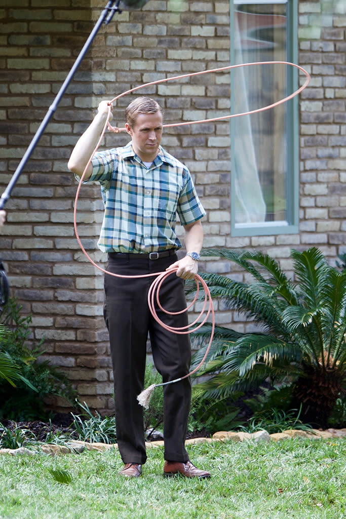 <p>Yee-haw! The actor showed off his cowboy roping skills on the set of <em>First Man</em> in Atlanta on Tuesday. In the upcoming flick, Gosling plays astronaut Neil Armstrong, and the story follows the legendary space mission that led him to become the first man to walk on the moon, in 1969. (Photo: BackGrid) </p>