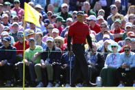 Tiger Woods prepares to putt on the second green during the final round of the Masters golf tournament, Sunday, April 10, 2022, in Augusta, Ga. (Curtis Compton/Atlanta Journal-Constitution via AP)