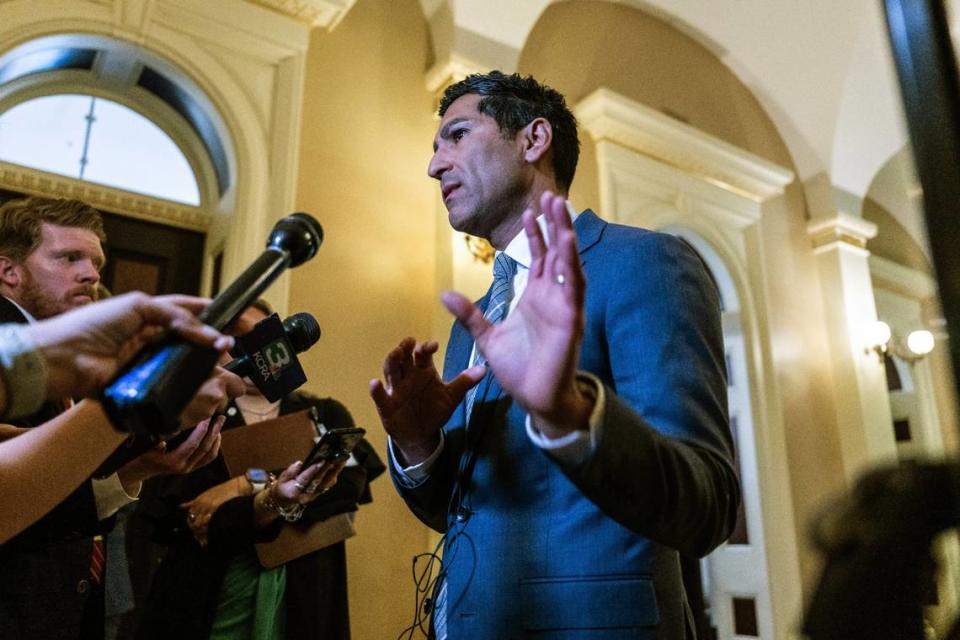 Assembly Speaker Robert Rivas, D-Hollister, speaks to the media about the bill with $17 billion in budget fixes after it was passed by legislators at the state Capitol on Thursday. Hector Amezcua/hamezcua@sacbee.com