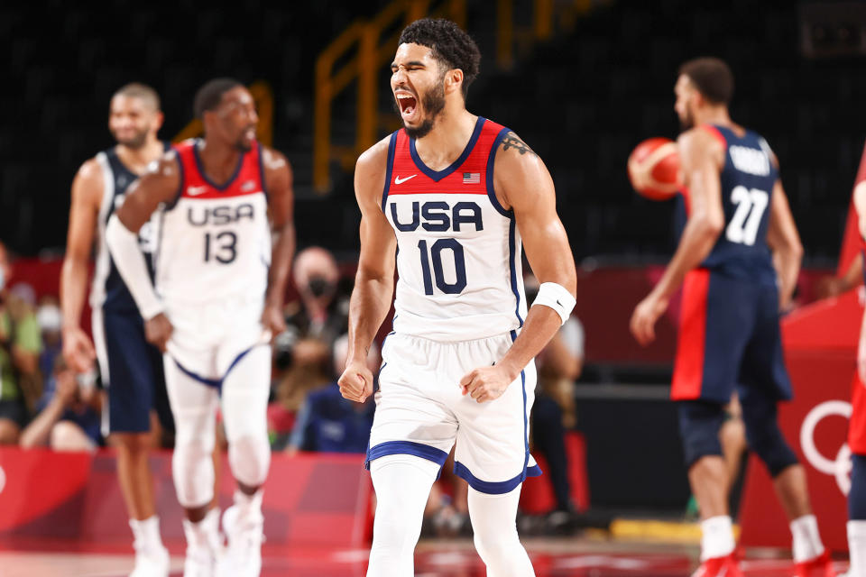 <p>Jayson Tatum of USA Men's National Basketball Team has a moment during the Gold Medal Game of the 2020 Tokyo Olympics. </p>