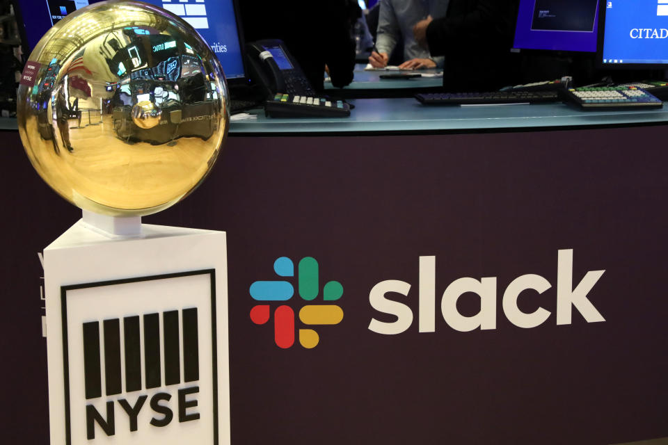 The Slack Technologies Inc. logo is seen during the company's IPO at the New York Stock Exchange (NYSE) in New York, U.S. June 20, 2019.  REUTERS/Brendan McDermid