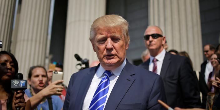 Donald Trump leaves the courthouse after serving on jury duty in New York, Monday, Aug. 17, 2015.