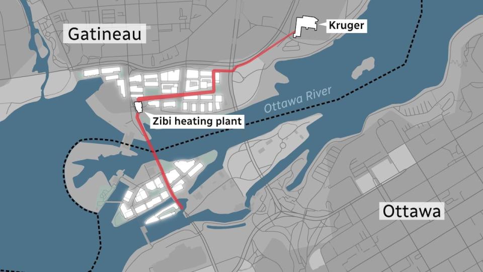 A map shows how heat travels from the Kruger plant to buildings in the Zibi development in Ottawa and Gatineau. The white buildings include both completed and planned construction, which is expected to total four million square feet.