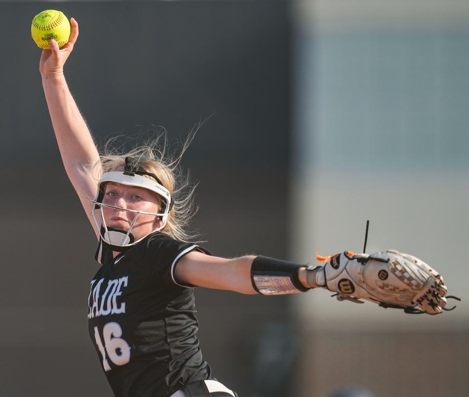 Cascade Cadets Megan Walker (16) pitches the ball during the game against the Tri-West Bruins on Friday, May 20, 2022, at Tri-West High School in Lizton. 