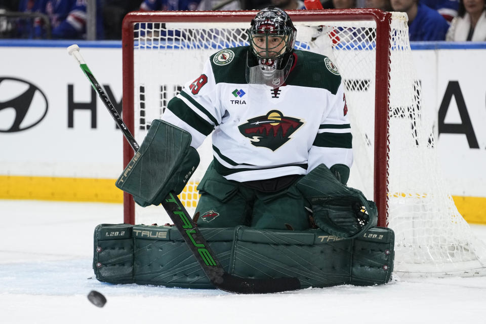 Minnesota Wild goaltender Marc-Andre Fleury protects his net during the first period of an NHL hockey game against the New York Rangers, Thursday, Nov. 9, 2023, in New York. (AP Photo/Frank Franklin II)