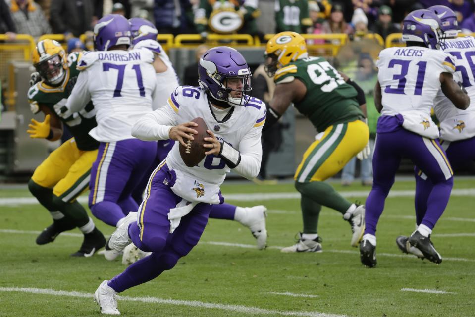 Minnesota Vikings quarterback Jaren Hall (16) looks to pass during the second half of an NFL football game against the Green Bay Packers, Sunday, Oct. 29, 2023, in Green Bay, Wis. | Mike Roemer, Associated Press