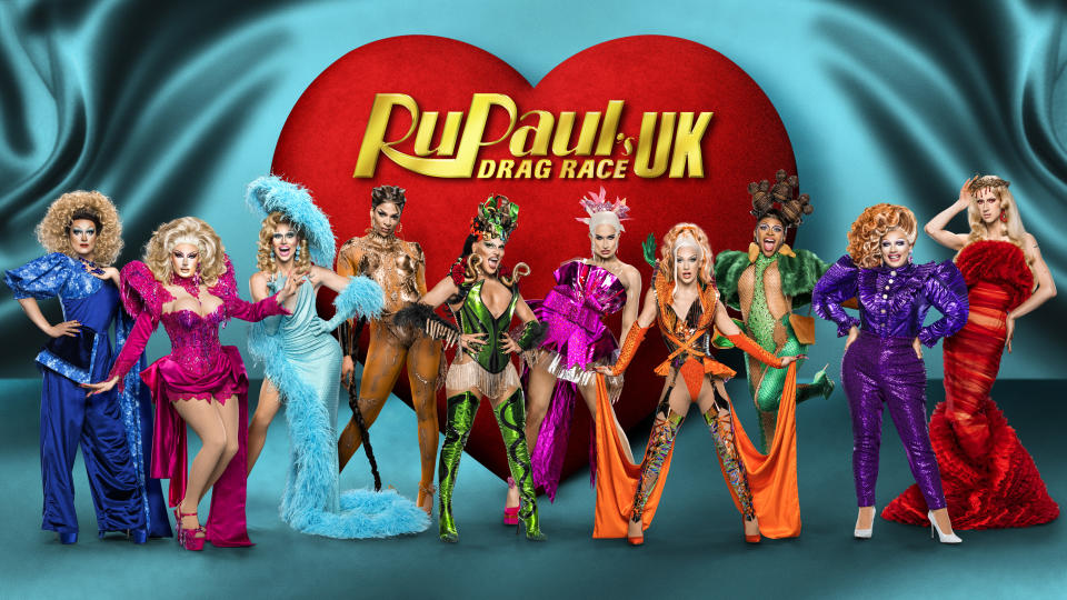 Queens Kate Butch, DedeLiscious, Vicki Vivacious, Cara Melle, Michael Marouli, Tomara Thomas, Alexis Saint-Pete, Miss Naomi Carter, Ginger Johnson and Banksie in RuPaul's Drag Race UK S5 (BBC)