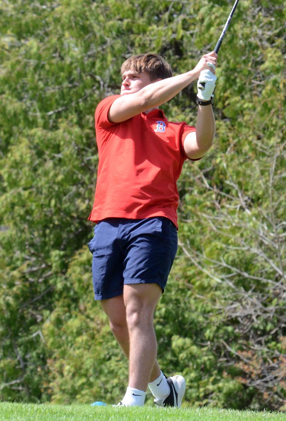 Boyne City's Jack Neer keeps an eye on his tee shot on hole No.  1 on Monday during the Petoskey Invite.