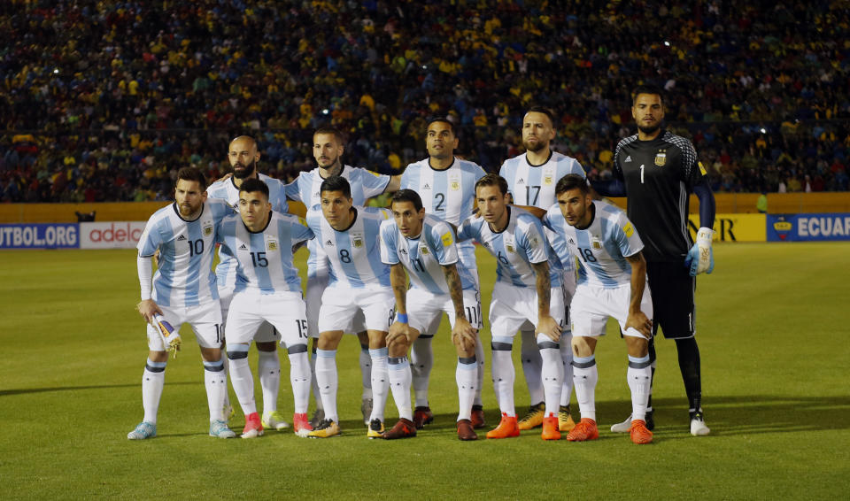 Argentina before their 2018 World Cup qualifying soccer match in Quito, Ecuador, Tuesday, Oct. 10, 2017. (AP Photo/Fernando Vergara)