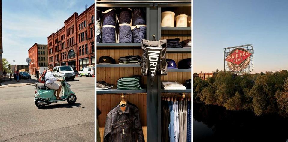 From left: The North Loop neighborhood, in Minneapolis; menswear shop Askov Finlayson; the famed Grain Belt sign by the Mississippi River.