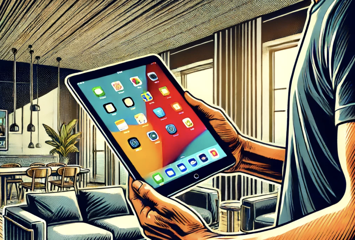  A person holding an iPad Mini 7 in a comic book style. 