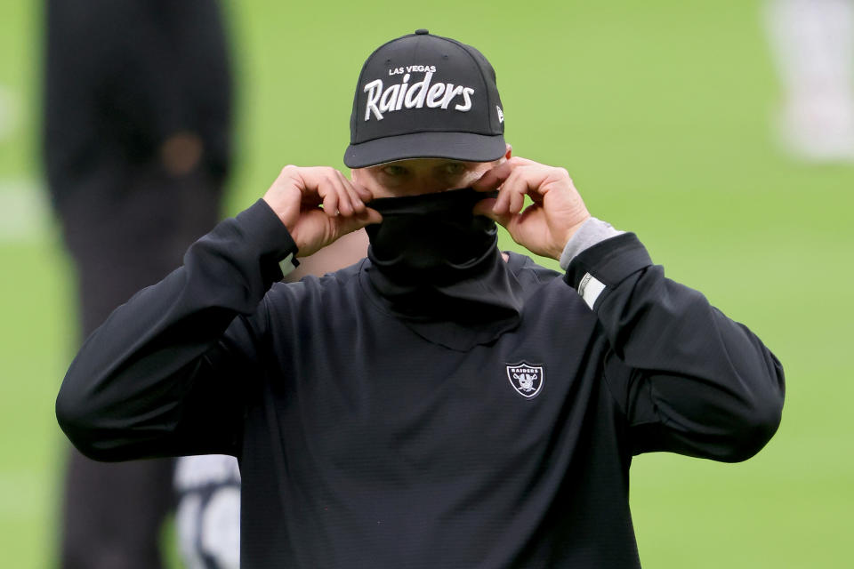 LAS VEGAS, NEVADA - OCTOBER 25: Head coach Jon Gruden of the Las Vegas Raiders walks across the field before the game against the Tampa Bay Buccaneers at Allegiant Stadium on October 25, 2020 in Las Vegas, Nevada. (Photo by Jamie Squire/Getty Images)