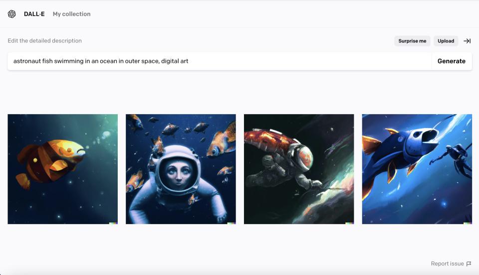 screenshot of DALL·E search for astronaut fish swimming in an ocean in outer space, digital art