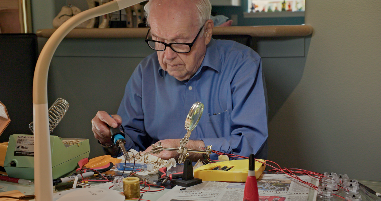 Toy inventor Eddy Goldfarb, 102, still creates out of his garage workshop.