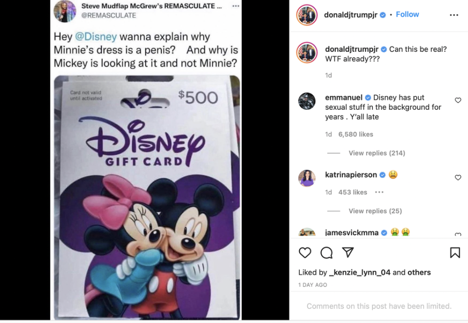 Culture warrior Donald Trump Jr has joined in the attacks on Disney since it opposed Florida’s Don’t Say Gay bill (Instagram/DonaldTrumpJr)