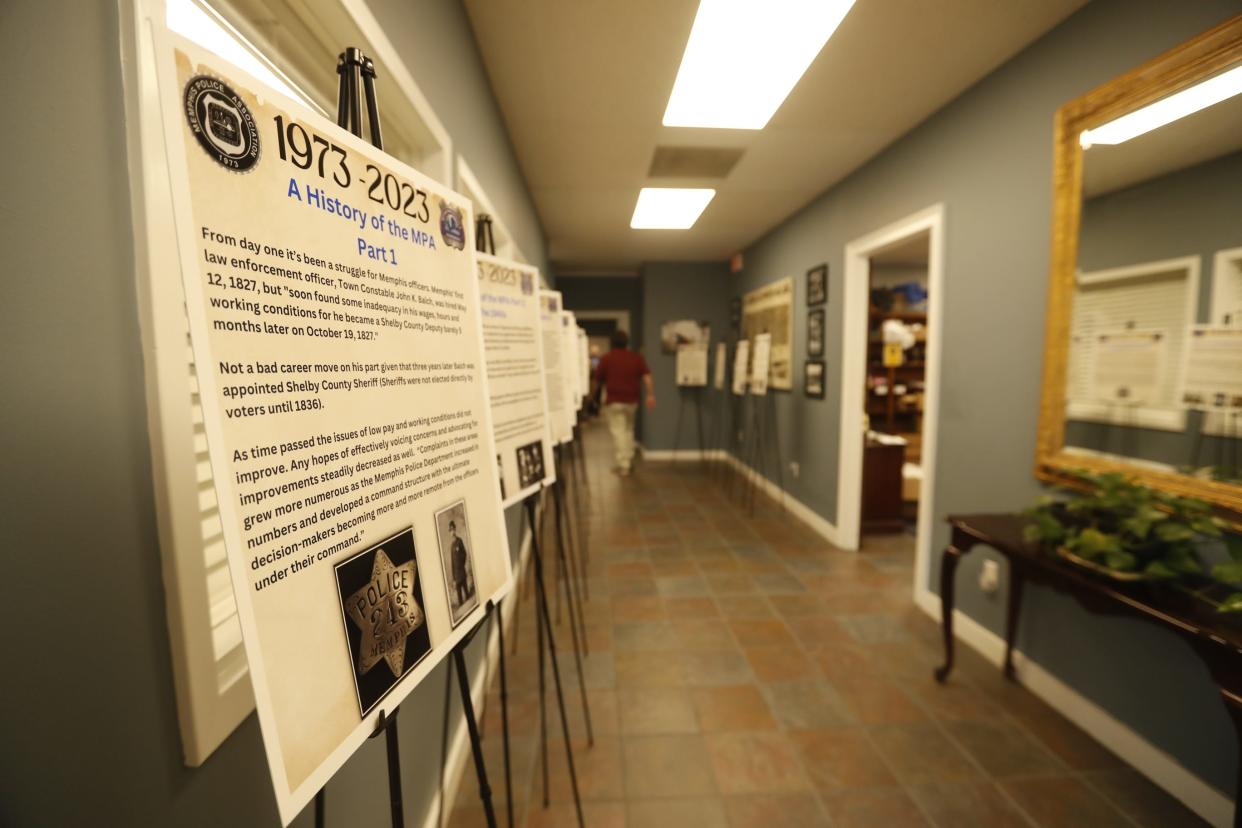 Signs detailing accounts of the 1978 Memphis Police Association strike can be seen in the hallway of the association's headquarters at 638 Jefferson Ave. The Memphis Police Association celebrated its 50th anniversary and rededicated its headquarters in honor of Congressman Harold Ford Sr. on Friday, Sept. 1, 2023.