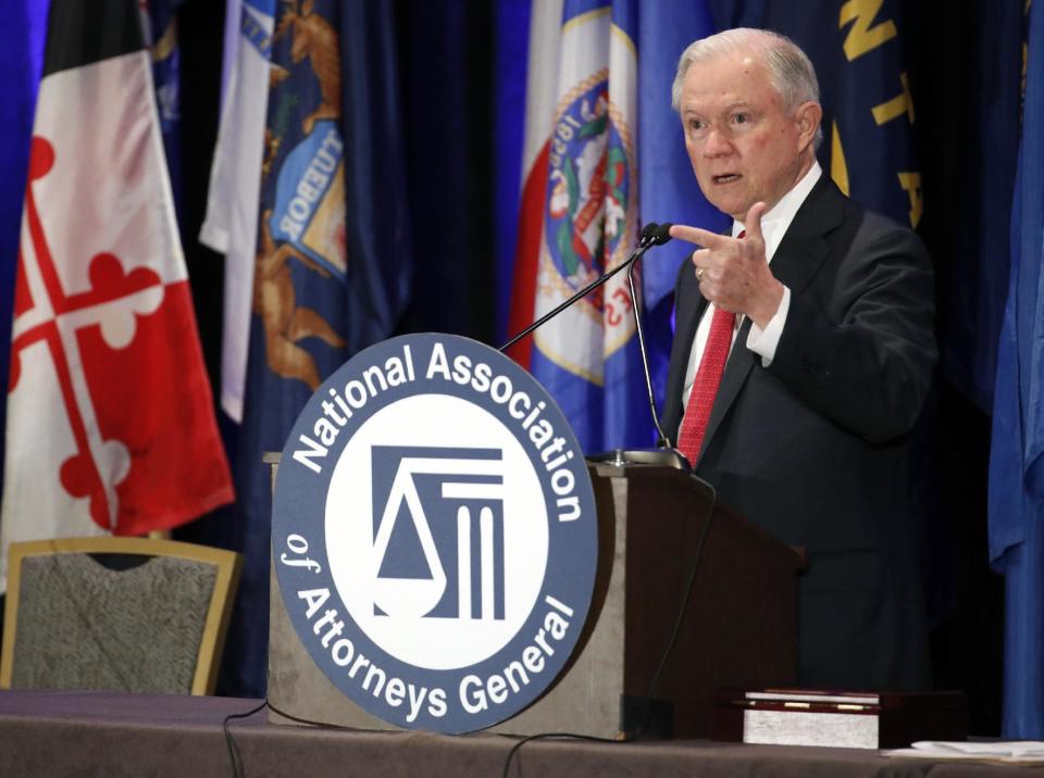 Attorney General Jeff Sessions gestures while speaking at the National Association of Attorneys General annual winter meeting, Tuesday, Feb. 28, 2017, in Washington. (AP Photo/Alex Brandon)