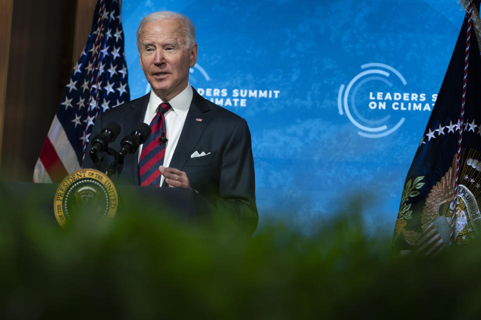 President Joe Biden speaks to the virtual Leaders Summit on Climate, from the East Room of the White House, Thursday, April 22, 2021, in Washington. (AP Photo/Evan Vucci)