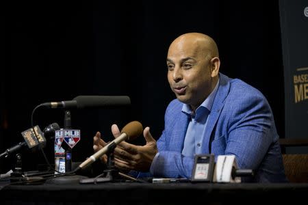 Dec 11, 2018; Las Vegas, NV, USA; Boston Red Sox manager Alex Cora talks to the media during the MLB Winter Meetings at the Mandalay Bay Convention Center. Mandatory Credit: Daniel Clark-USA TODAY Sports