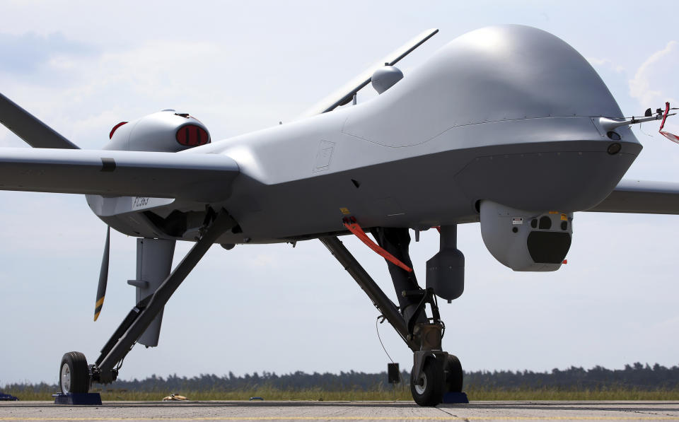 An MQ9 Predator drone is displayed at the Berlin Air Show ILA in Berlin, Germany, on May 30, 2016. China on Thursday, April 11, 2024 announced sanctions against two U.S. defense companies, one of which produces the Predator drone, over what it says is their support for arms sales to Taiwan, the self-governing island democracy Beijing claims as its own territory to be recovered by force if necessary. (AP Photo/Michael Sohn, File)