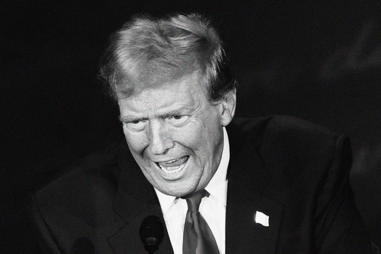 A black and white photo of Donald Trump speaking (Win McNamee / Getty Images)