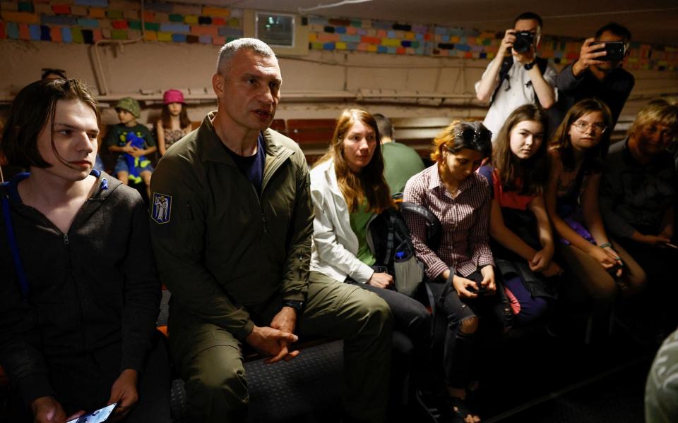 Kyiv mayor Vitali Klitschko takes cover inside shelter - VALENTYN OGIRENKO/REUTERS