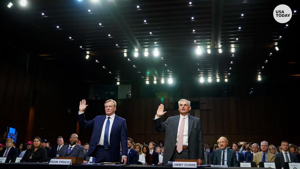 Ron Price (L), Chief Operating Officer of the PGA Tour, and Tour Policy Board independent director Jimmy Dunne, are sworn in before testifying in the U.S. Senate Homeland Security committee hearing on the implications for the future of golf, with the Saudi Arabia regime influence as its Public Investment Fund is expected to contribute potentially billions of dollars to the Tour operations.