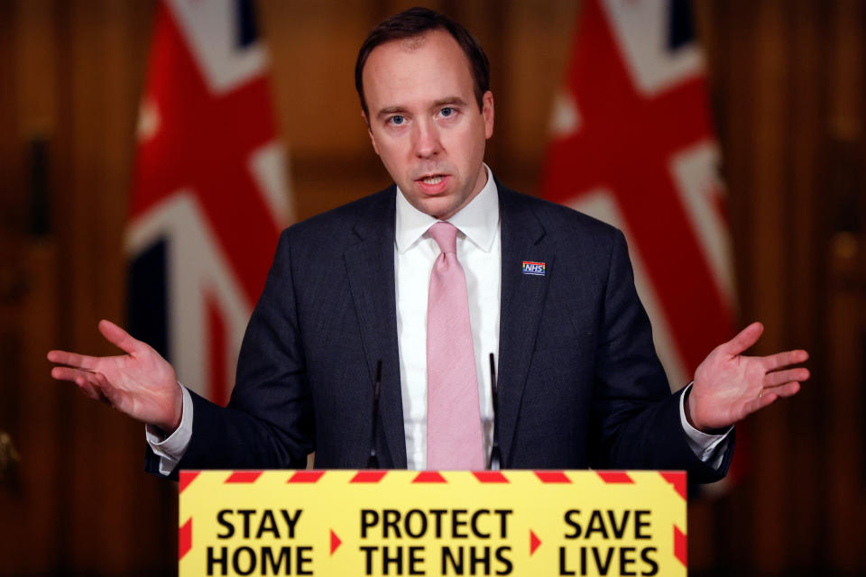 Health Secretary Matt Hancock during a media briefing on coronavirus (COVID-19) in Downing Street, London. Picture date: Monday January 25, 2021. (Photo by John Sibley/PA Images via Getty Images)