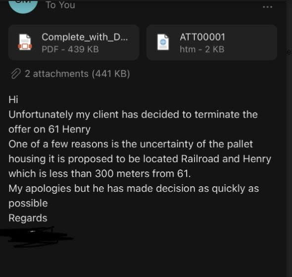 A screen shot provide by Howard of a message she said she received telling her a potential buyer for her home has terminated the offer. 