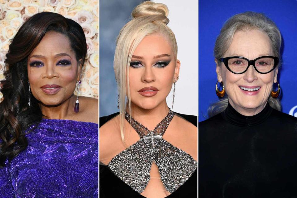 <p>Michael Buckner/Golden Globes 2024/Golden Globes 2024 via Getty Images; Karwai Tang/WireImage; Steve Granitz/FilmMagic</p> Oprah Winfrey; Christina Aguilera; Meryl Streep