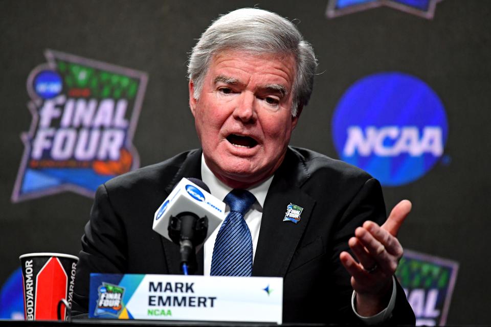 NCAA president Mark Emmert speaks during a news conference at U.S. Bank Stadium. (Robert Deutsch/USAT Sports)