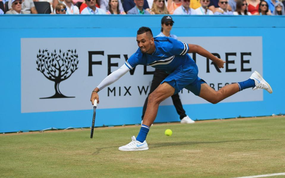 Nick Kyrgios was caught on camera performing an imitation of a lewd act at Queen's Club - Getty Images Europe