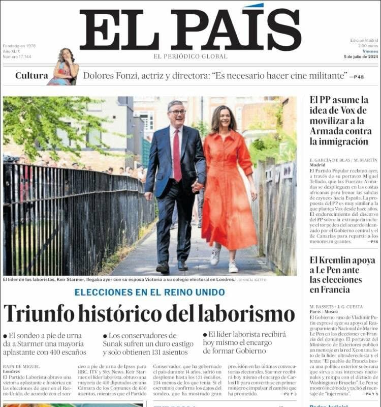 Madrid's El País' front page covering the Labour Party's victory