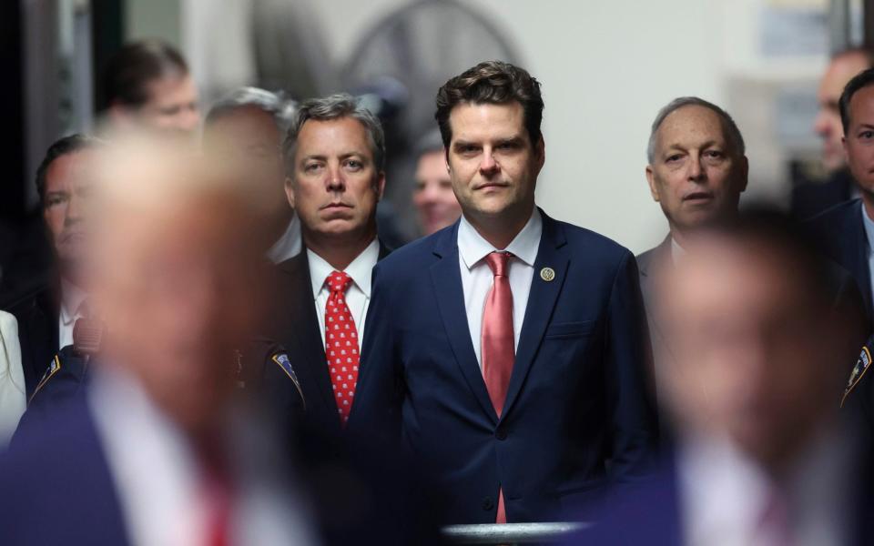 Matt Gaetz pictured as former President Donald Trump appears at Manhattan criminal court in New York