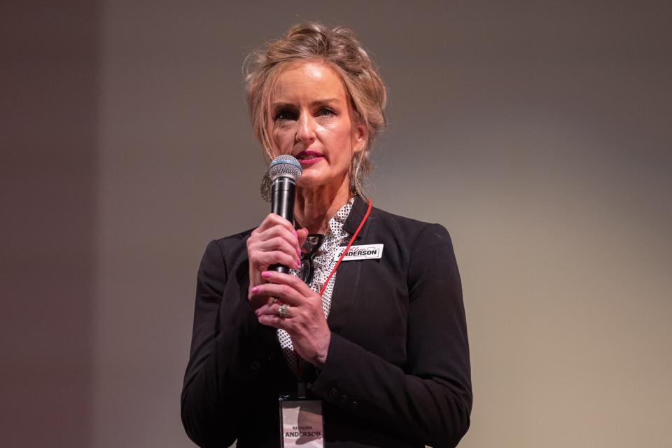 Utah Congressional District 2 representative candidate Kathleen Anderson speaks during the first Congressional District 2 debate at Woods Cross High School in Woods Cross on June 20, 2023. | Ryan Sun, Deseret News