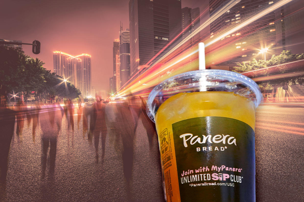 Panera Bread mango yuzu citrus charged lemonade | Blur people and traffic on a street at night Photo illustration by Salon/Getty Images
