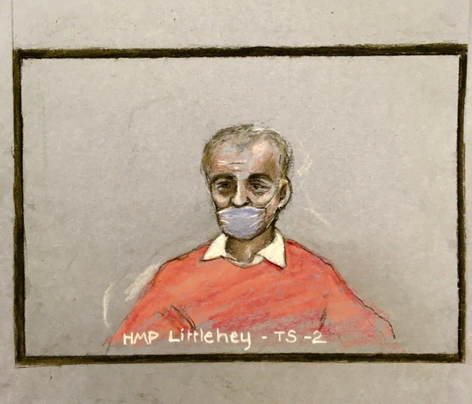 Court artist sketch by Elizabeth Cook of Barry Bennell appearing via video link at the High Court in London. Eight men who say they were abused by the former football coach are suing Manchester City for damages (Elizabeth Cook/PA) (PA Wire)