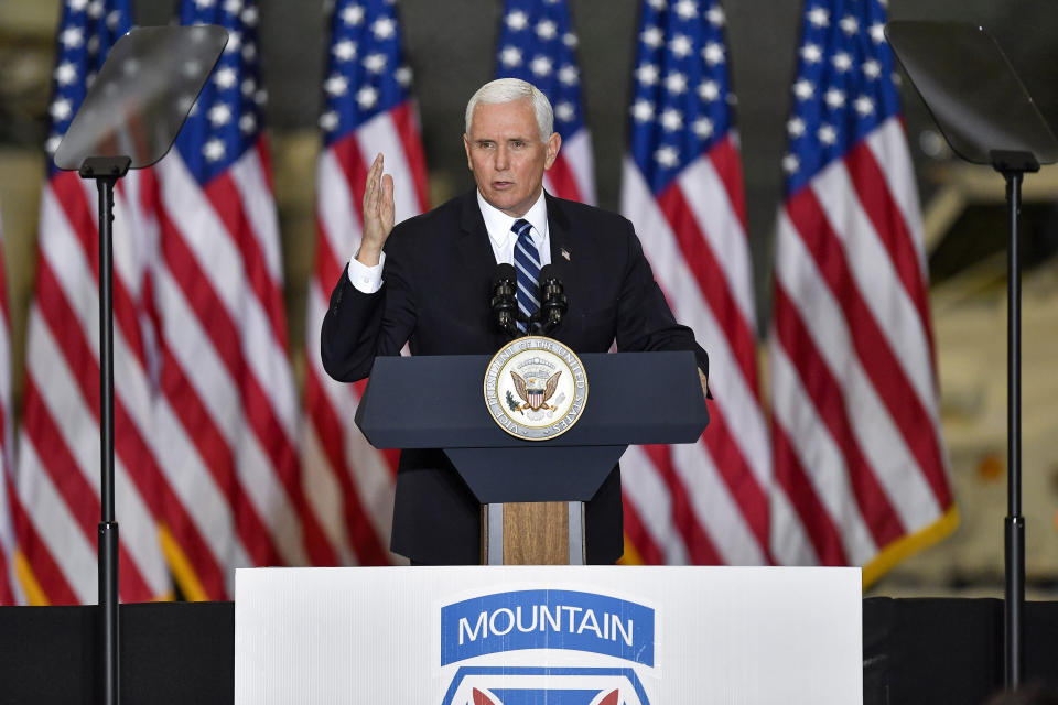 Vice President Mike Pence delivers remarks to Army 10th Mountain Division soldiers, many of whom have recently returned from Afghanistan, in Fort Drum, N.Y., Sunday, Jan. 17, 2021. (AP Photo/Adrian Kraus)