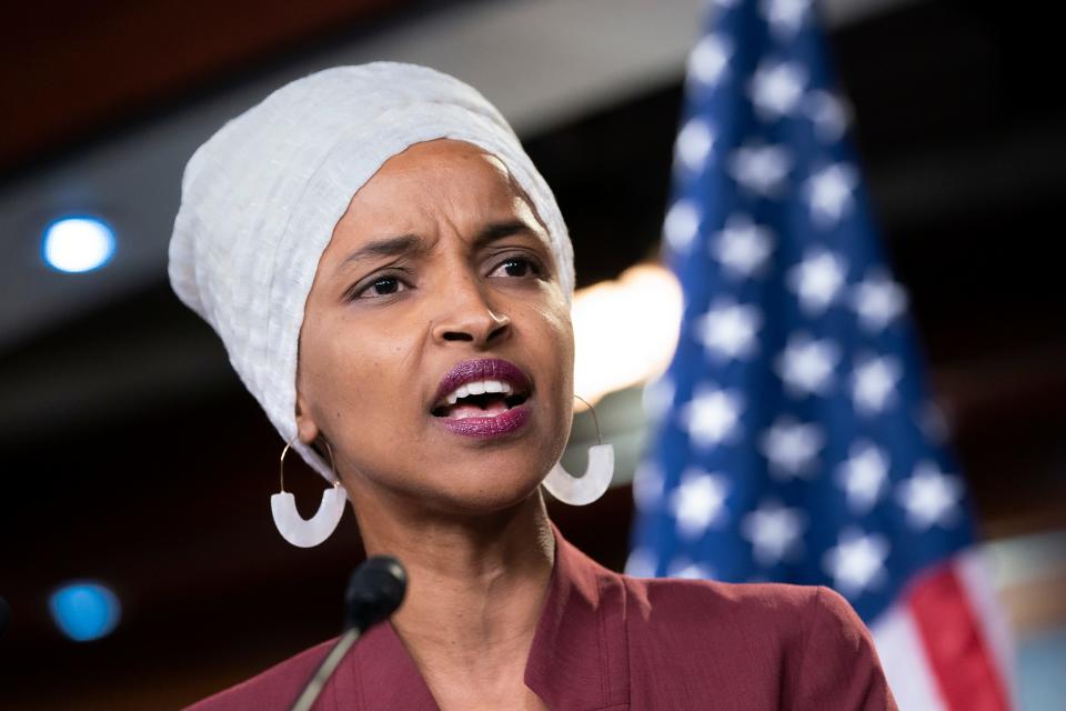 Rep. Ilhan Omar, D-Minn., respond to remarks by President Donald Trump after his call for the four Democratic congresswomen to go back to their 