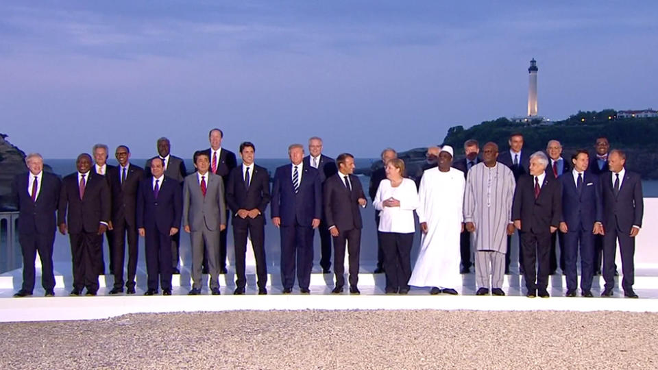 World leaders gathered at Biarritz for a G7 photo shoot. Source: Reuters. 