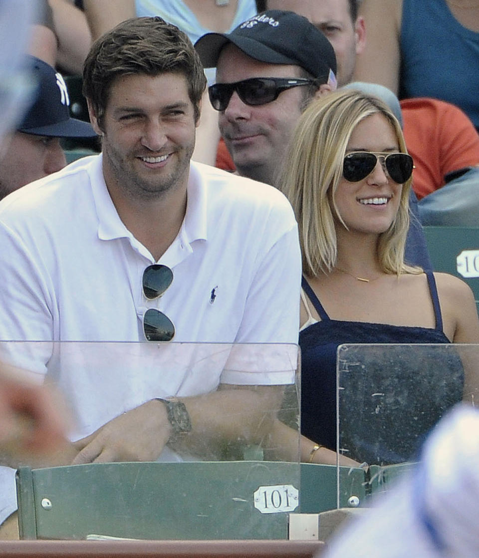 FILE - In this July 2, 2011, file photo, Chicago Bears quarterback Jay Cutler, left, and Kristin Cavallari watch the Chicago Cubs play the Chicago White Sox during an interleague baseball game in Chicago. Cutler says marriage has done one thing for him: the Bears quarterback feels much older. "I feel old, I really do," Cutler said Tuesday, June 11, 2013, in confirming that he and Cavallari had recently married. "It feels good." (AP Photo/Brian Kersey, File)