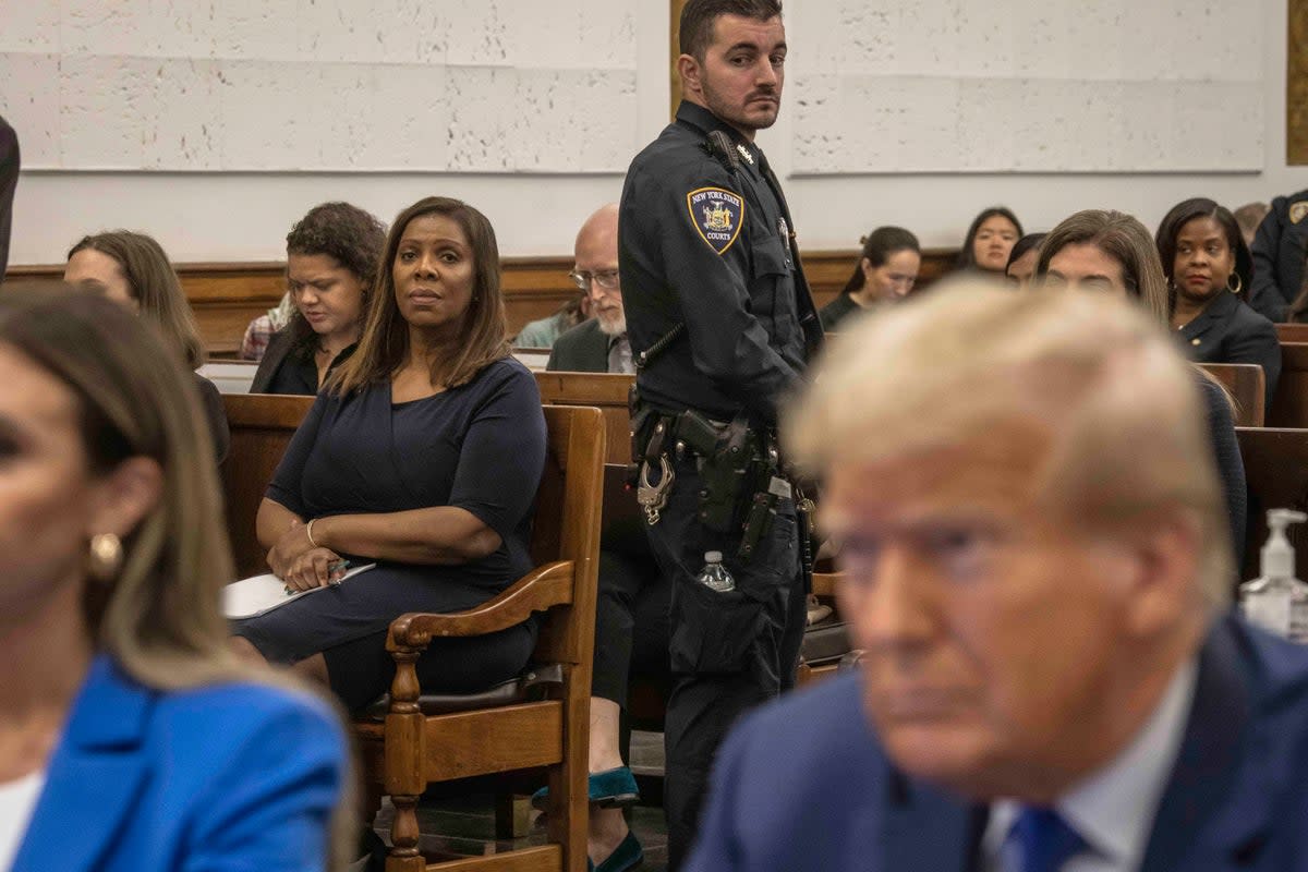 New York Attorney General Letitia James watches Donald Trump at his civil fraud trial in New York on  25 October, 2023 (AP)
